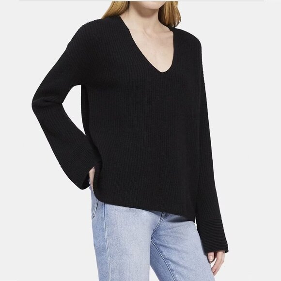 Theory Sweaters - Theory V-Neck Ribbed Cuff Pullover Soft Cashmere Sweater Black Large #A1118